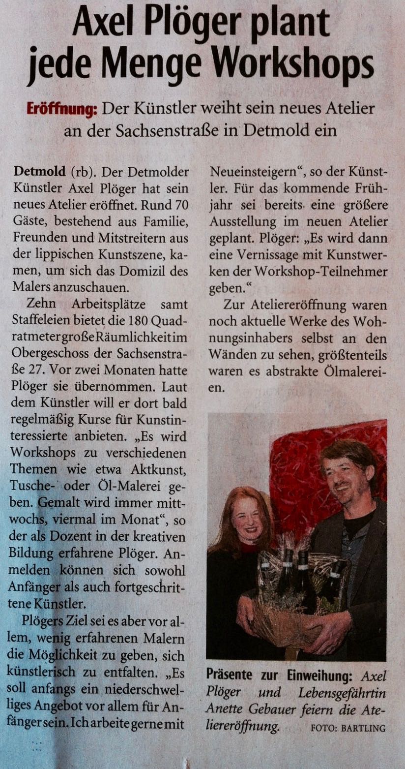 Eröffnung Atelier Axel Plöger (Lippische Landeszeitung vom 5.12.2016)